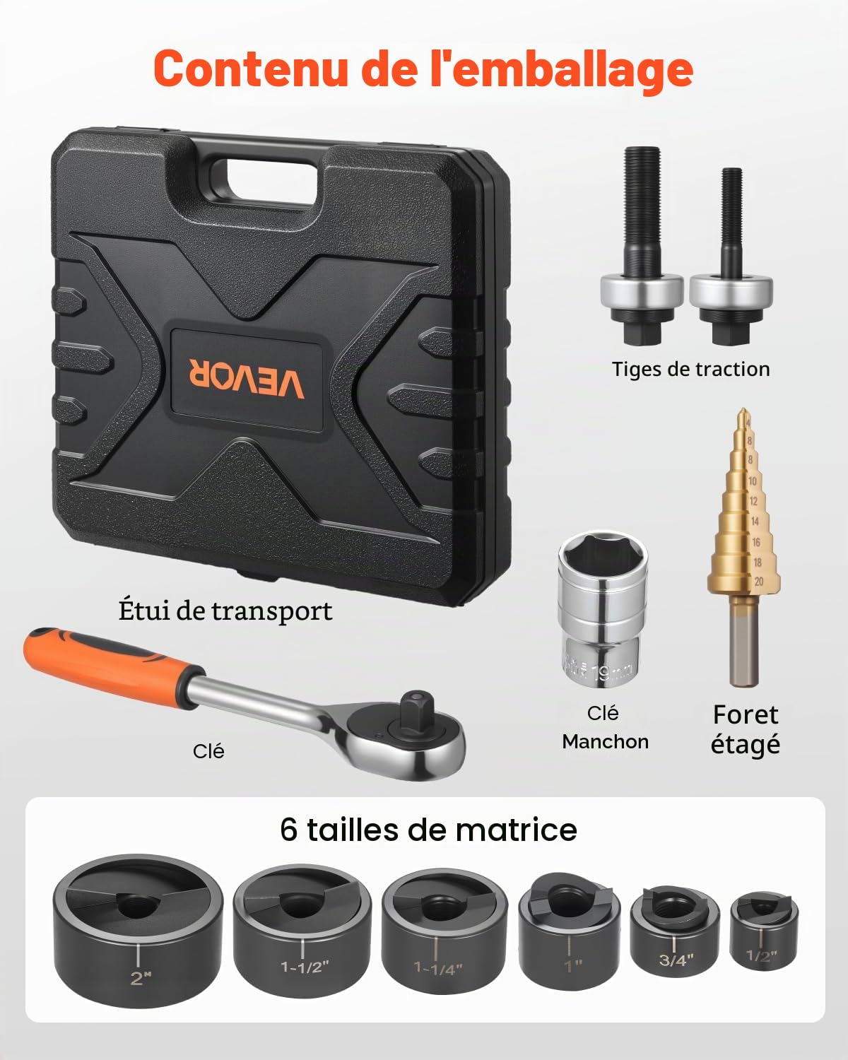 VEVOR Kit de Perforation à Cliquets avec 6 Poinçons 12,7-50,8 mm, Perforatrice Manuelle en Acier 40Cr, Outil de Poinçonnage pour Métal Inox Alu Plastique, Atelier Chantier Installation Électrique