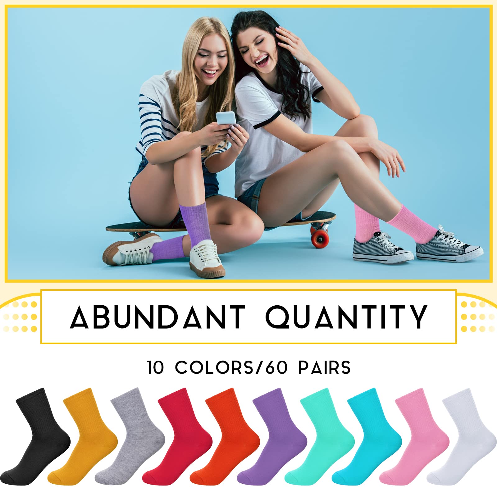 Handepo 60 Paar bunte Damensocken, einfarbig, leichte Sportsocken, Größe 39-42, Baumwollsocken, lässige Laufsocken für Weihnachten, Damen, Mädchen, Geschenk, Leuchtende Farben, 37.5-42 EU