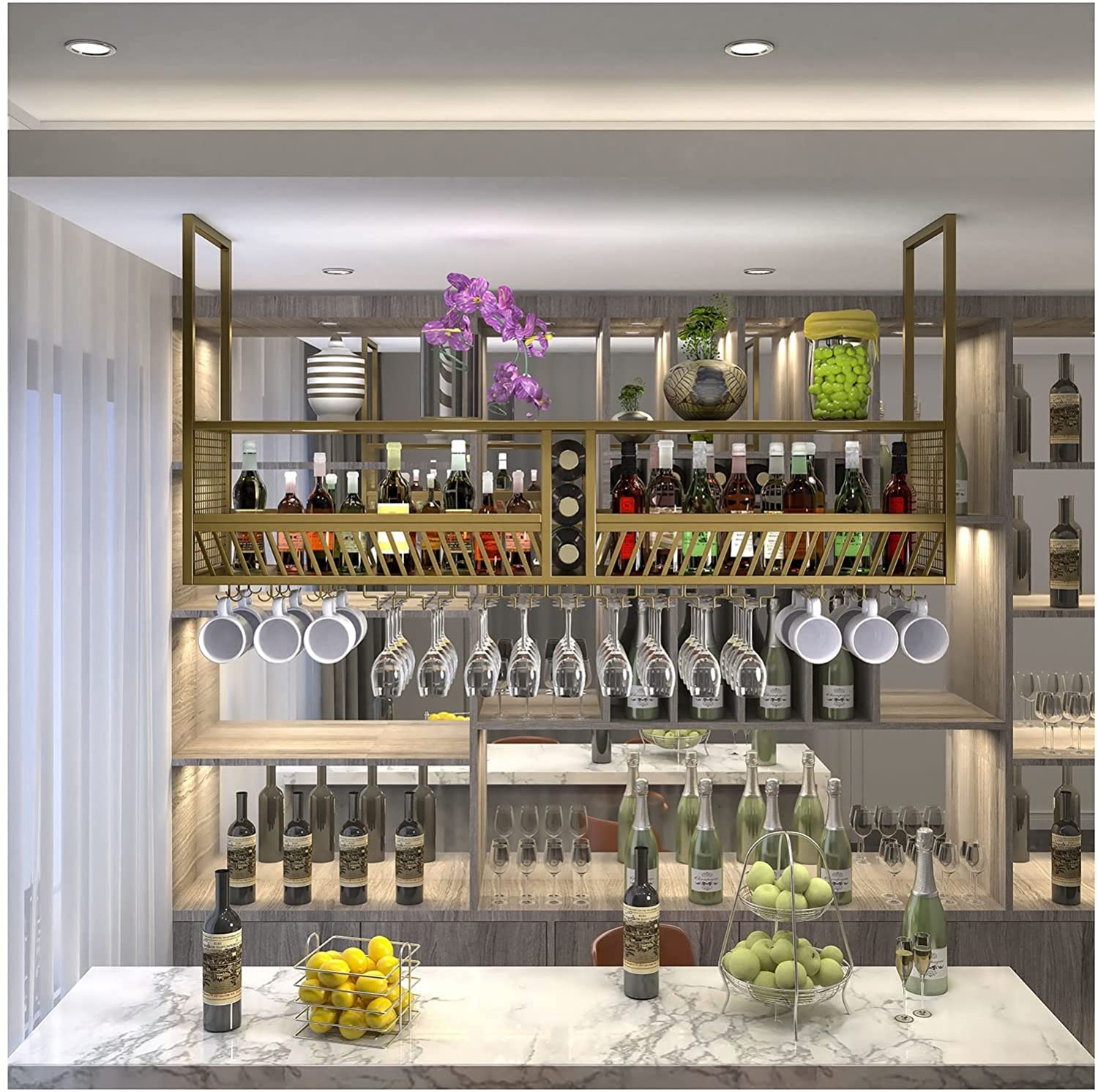 Casier à vin de plafond et support à plantes suspendu doré loft rétro pour salon