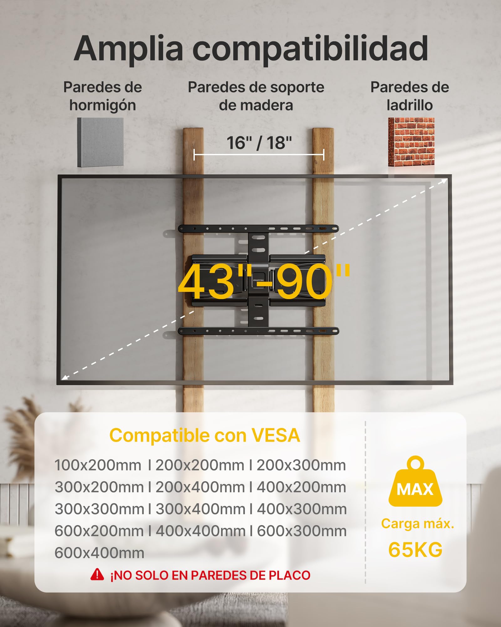 monTEK Soporte TV de Pared 37~75", VESA 800×400mm máx. Carga máx.50kg | Soporte De Televisor De Pared, Soporte De Pared, Ultra Delgado,Doble Brazo Articulado. InclinaciOn, Rotación