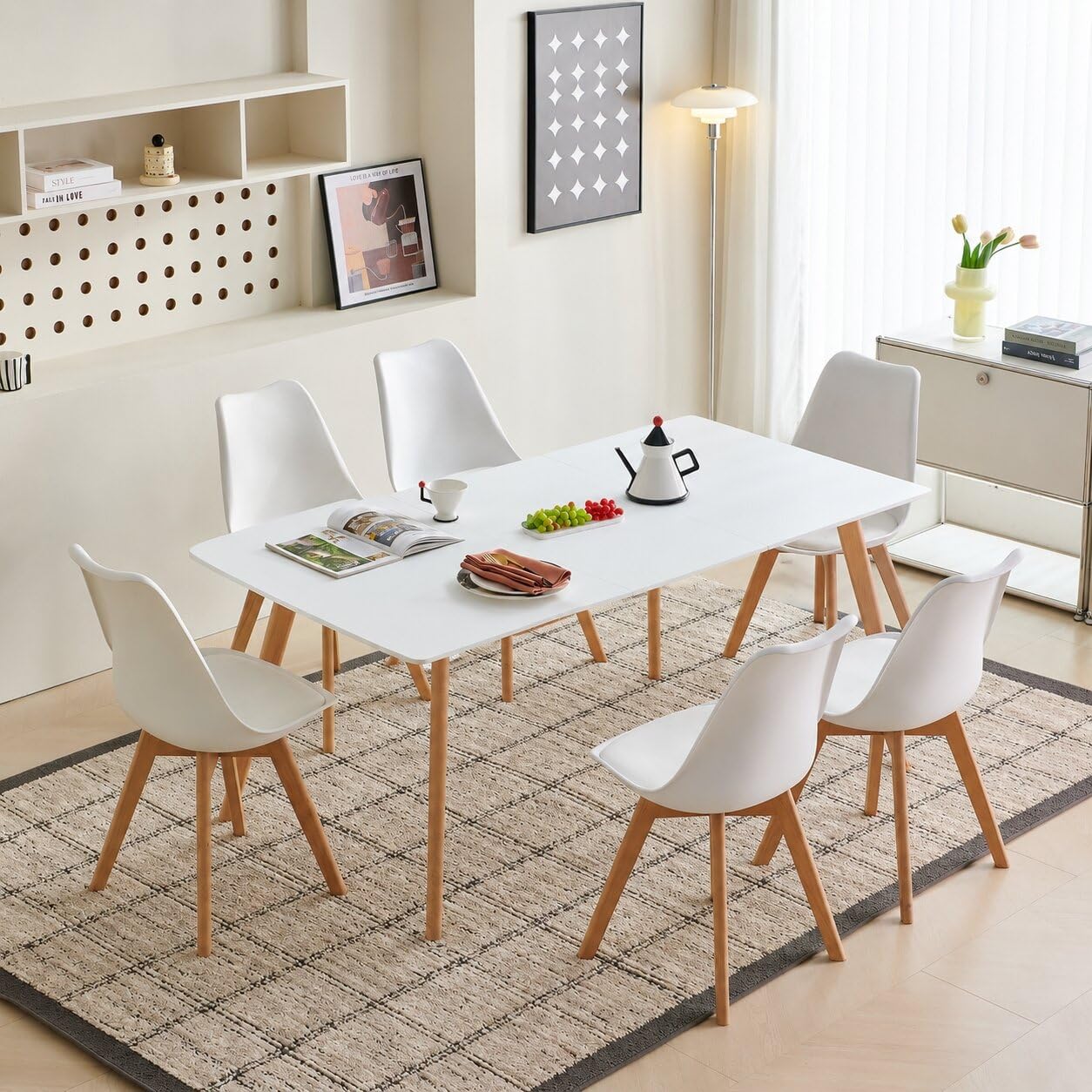 H.J WeDoo Tavolo da pranzo allungabile 120-160cm con 6 sedie in legno bianc | Tavolo in MDF con gambe in faggio e 6 sedie ergonomiche in plastica con cuscino, ideale per cucina e soggiorno moderno