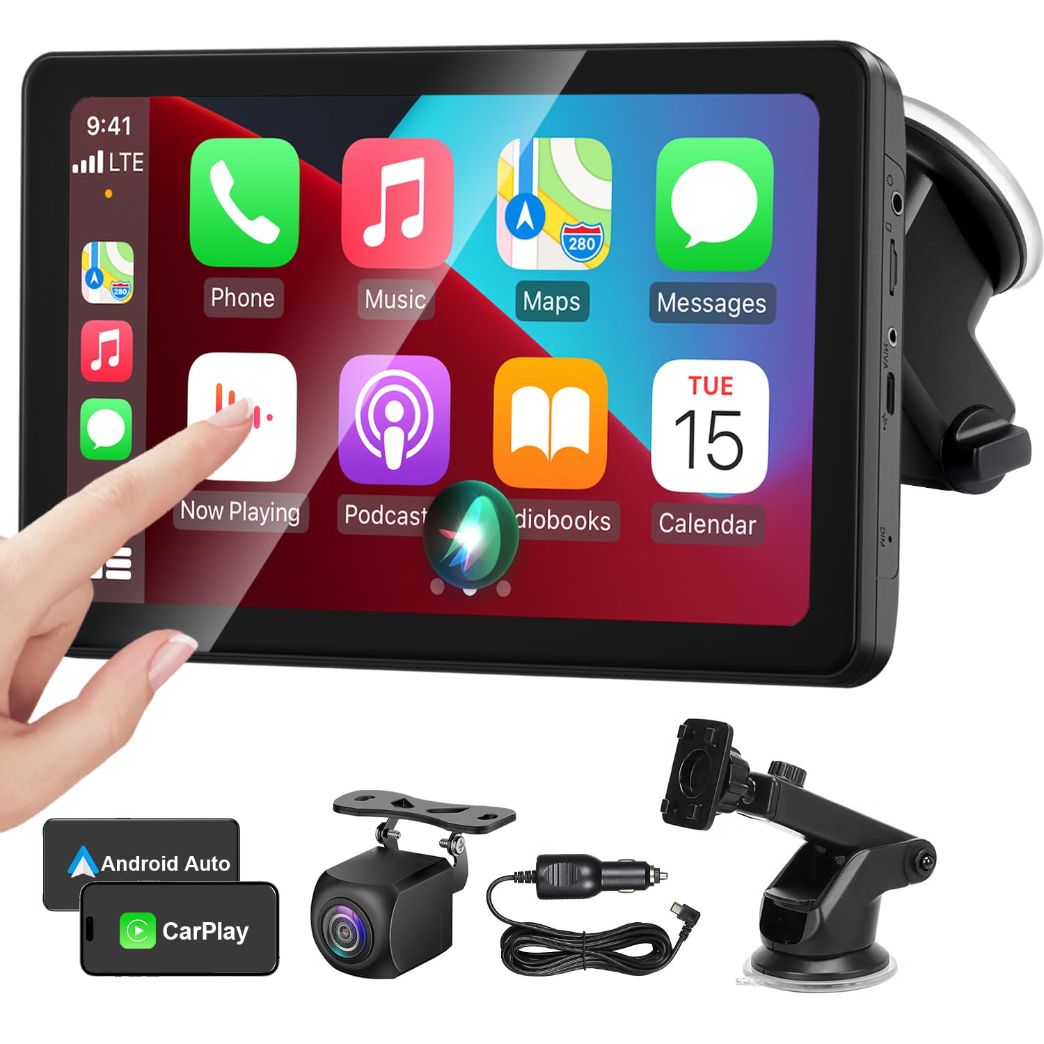 Wireless CarPlay Android Auto Screen fo Car, 720P Backup Camera 7" HD Touch Screen Portable Navigation Stereo Bluetooth, Mirror Link, Siri, AirPlay,