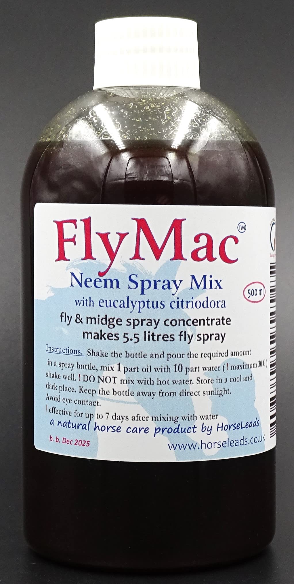 Horseleads FlyMac Neem & Eucalyptus Fly Spray Concentrate 500ml, makes