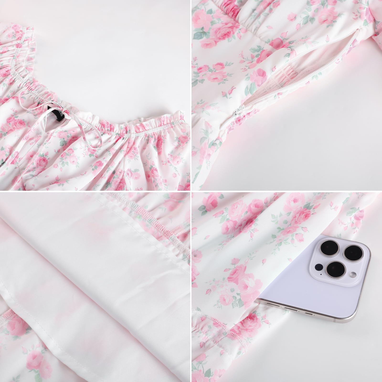 SCARLET DARKNESS Mini robe florale pour femme avec col carré et manches | Col carré à volants avec cordon de serrage sur le devant, taille ajustée, jupe à volants, robe d'été décontractée trapèze
