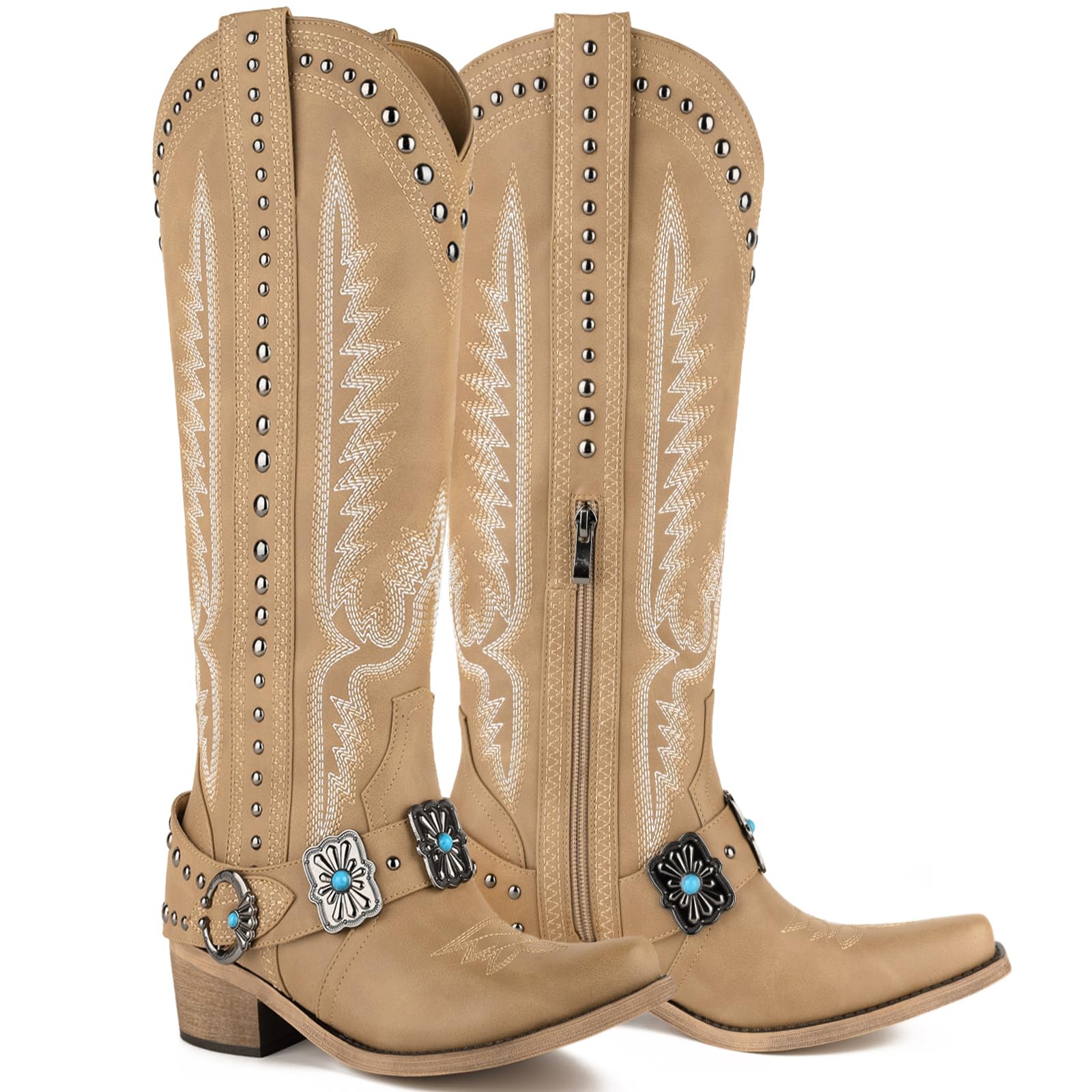 Yolkomo Cowboy Boots for Women Knee High Western Cowgirl Boots with Embroidery Belt Buckle Chains