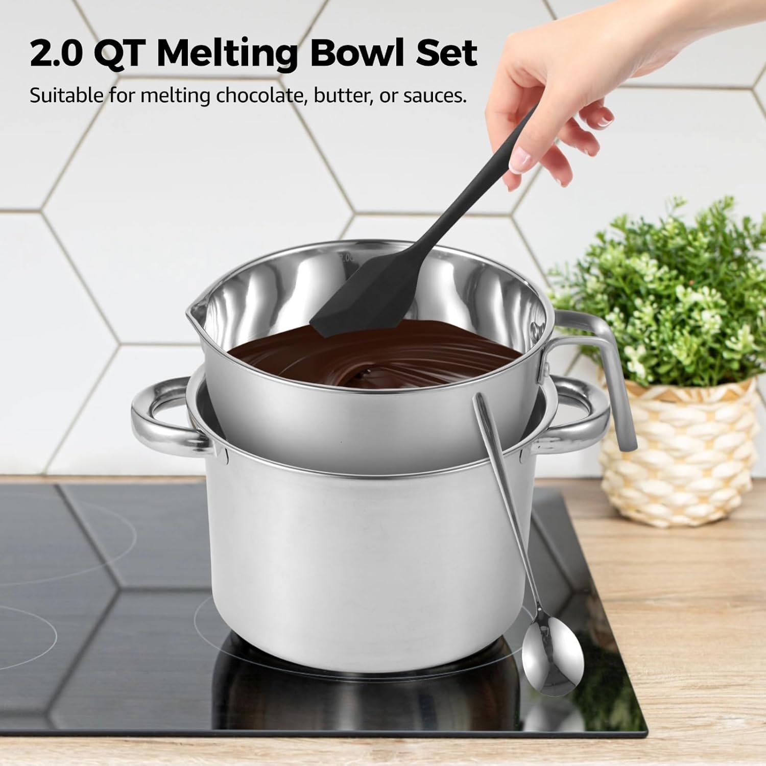 Kitchen Boiler Pot Silicone Spatula, 2.0 Qt Chocolate Melting Bowl with Scale & Handle, Stainless Steel Double Boiler Pot Set