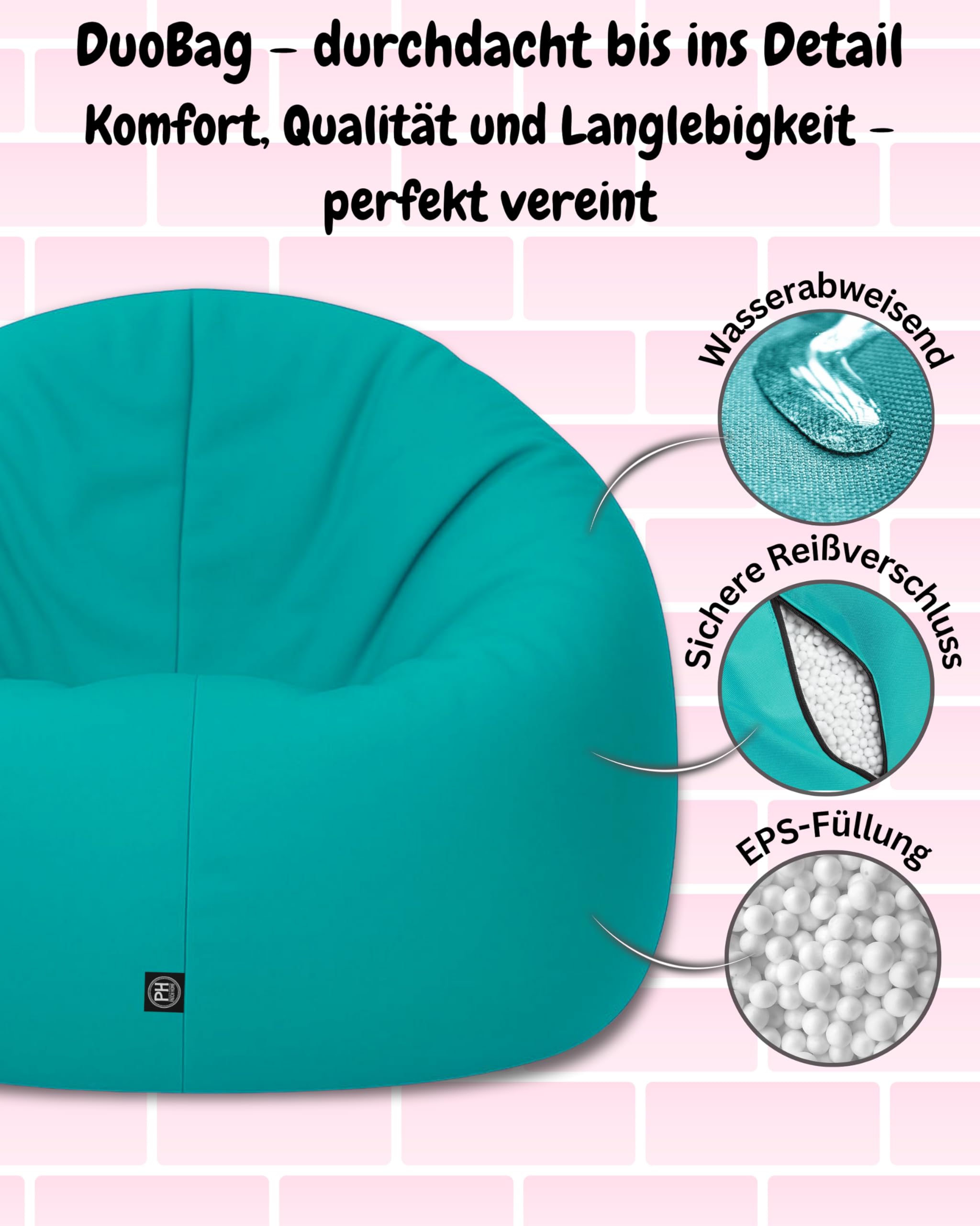 PATCH HOME Sitzsack 2 in 1 Sitzkissen Bodenkissen für Erwachsene & Kinder - Gaming mit Füllung Kissen Sessel BeanBag (Ø 125cm, Türkis)