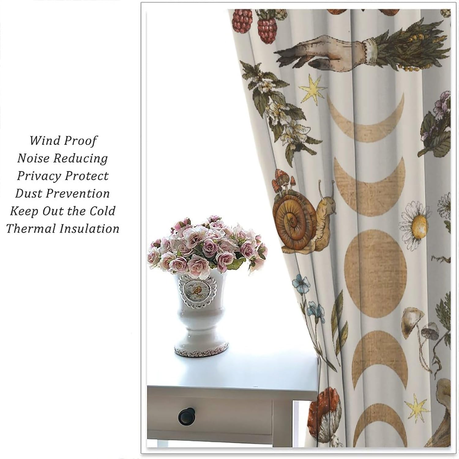 Vintage Moon Phase Curtains, Retro Witchy Hands Magic Wildflower Floral Butterfly Mushroom Plant Insect Print Blackout Window Treatments for Bedroom Living Room 42x63in