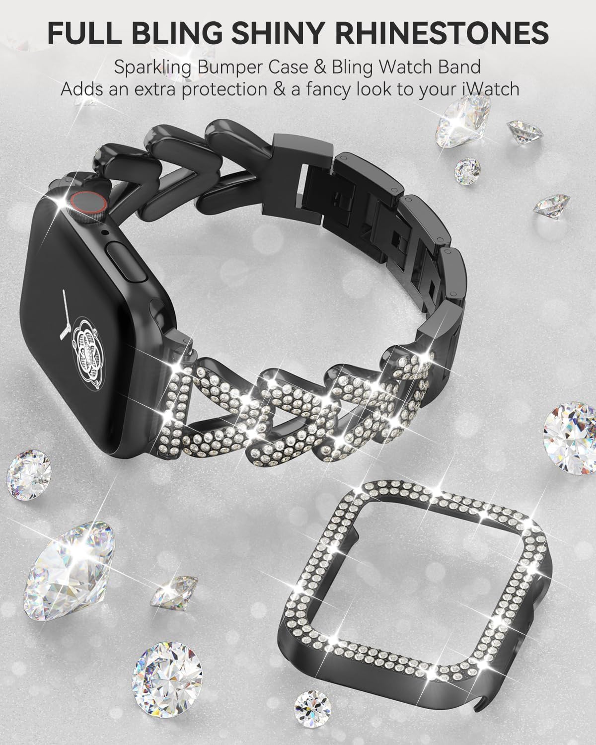 Rhinestones Encrusted Metal Bracelet and Case, Compatible with Apple Watch Bands 38mm-49mm (Series 11/10/1/SE/Ultra 2)- Bling Gold Women's Jewelry Strap, Luxury iWatch Bracelet with Screen Protector