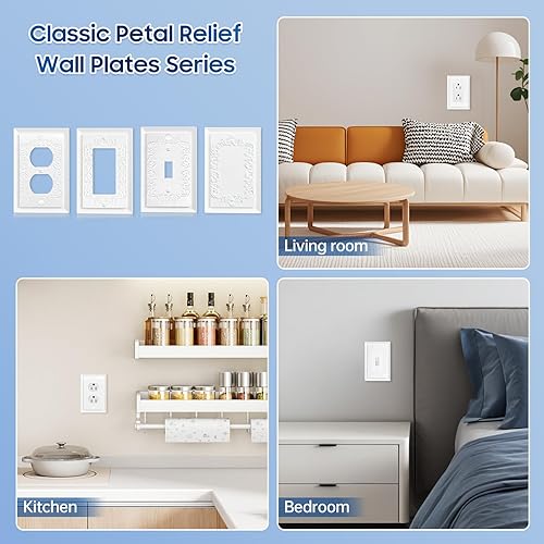 Miniatura 4 de Cubiertas de toma de corriente de diseño en relieve de pétalo estilo clásico blanco moderno, placas de pared para receptáculo eléctrico dúplex