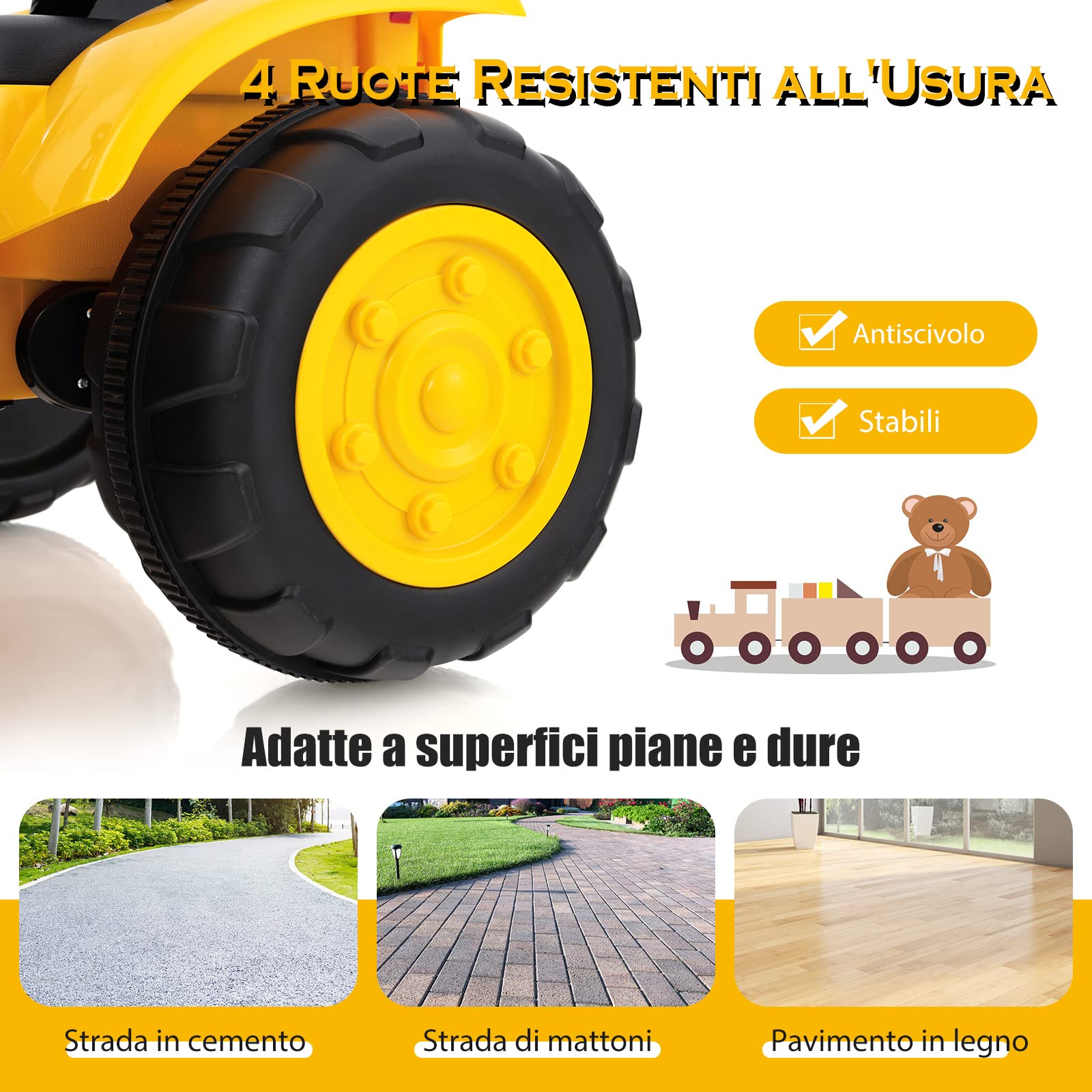 COSTWAY 12 V Escavatore per Bambini, con Telecomando, Benna di Scavo Regolabile Musica e Fari a LED, Ruspa Elettrica per Bambini di 3-8 Anni, Giallo