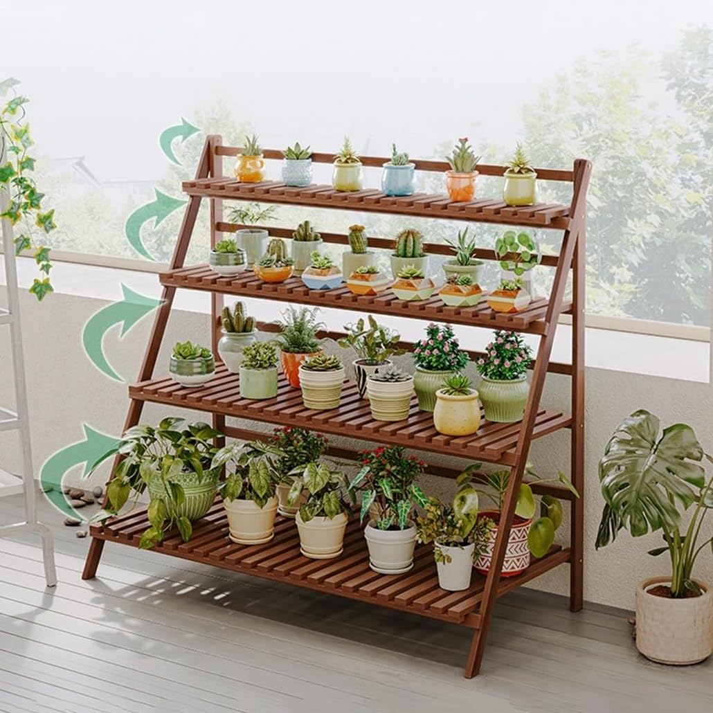 Support échelle en bambou pour plantes - 4 niveaux - Pliable - Pour intérieur et extérieur - Pour la maison, la terrasse, la pelouse, le jardin, le balcon - Marron