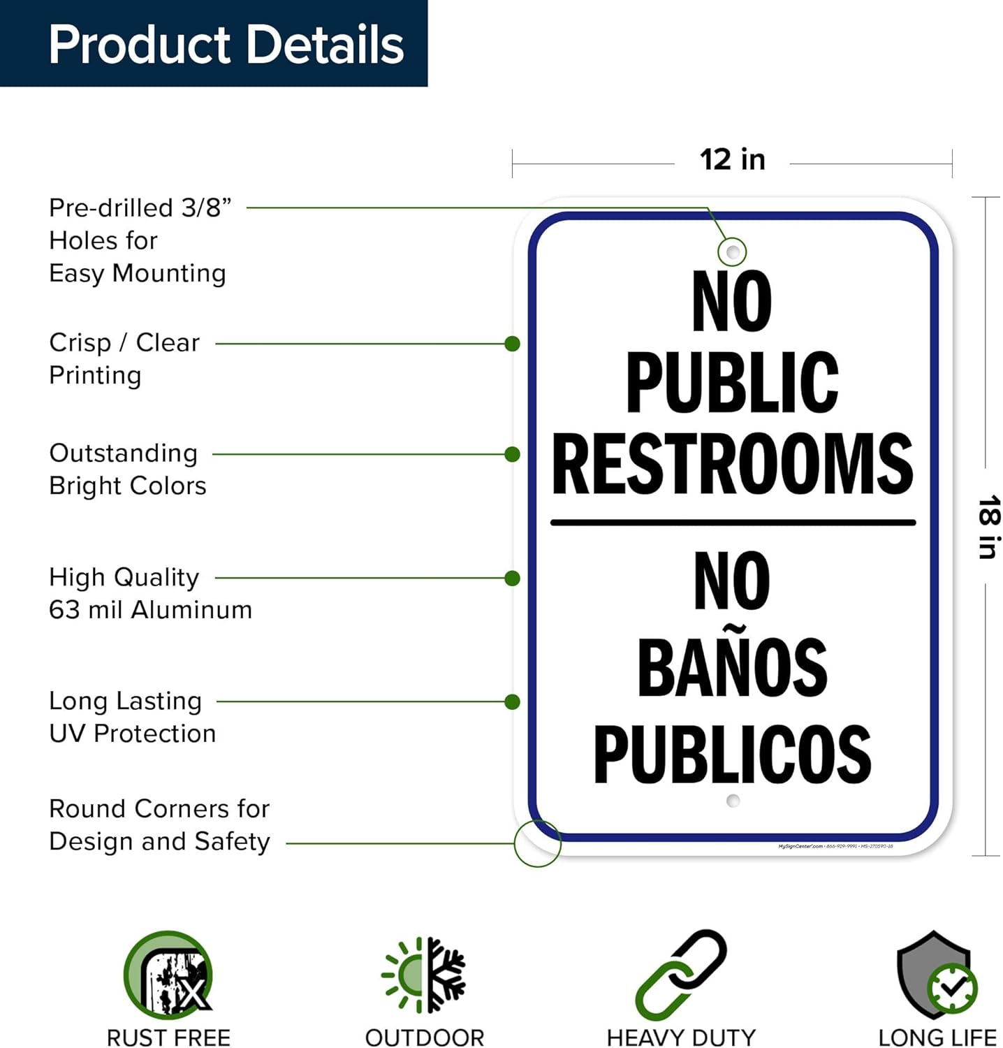 No Public Restrooms Bilingual Sign, 12x18 Inches, Rust Free .063 Aluminum, Fade Resistant, Made in USA by My Sign Center