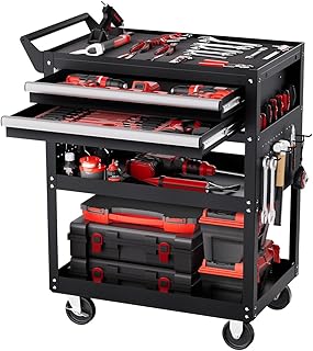 VEVOR Carrinho de ferramentas, carrinho de trabalho de 5 níveis com rodas, 2 gavetas e placa perfurada, organizador de ferramentas para mecânicos com sistema de bloqueio de carga de 181 kg, preto