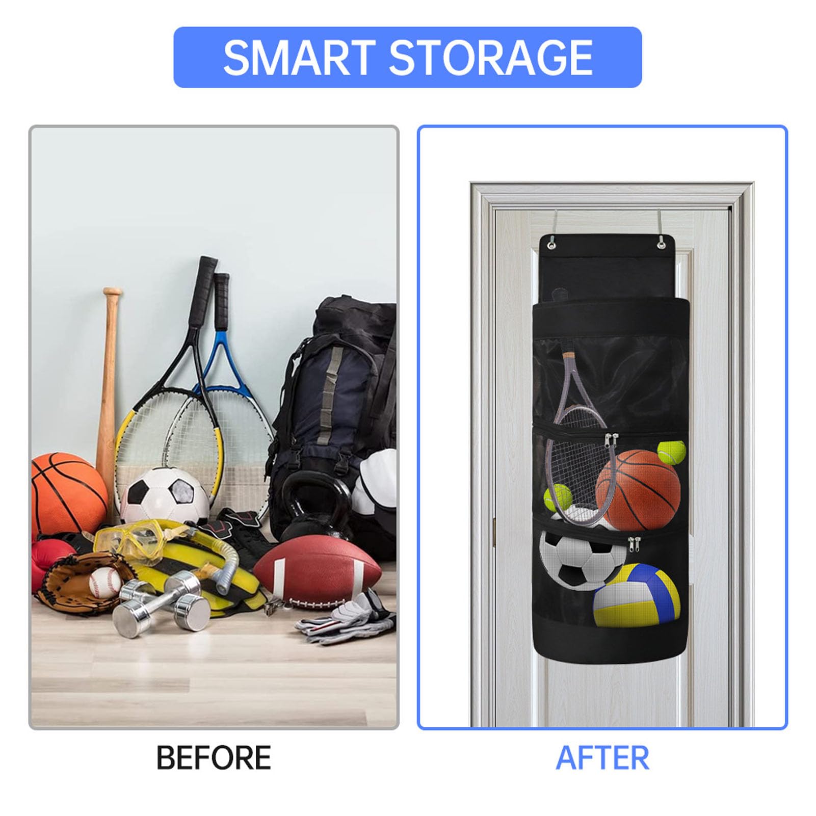 Asixxsix Hanging Storage Organizer, Large Capacity Sports Equipment Organizer for Kids Toys, Shoes, Diapers, Over Door Hanging Bag, Nylon Mesh, Oxford Cloth