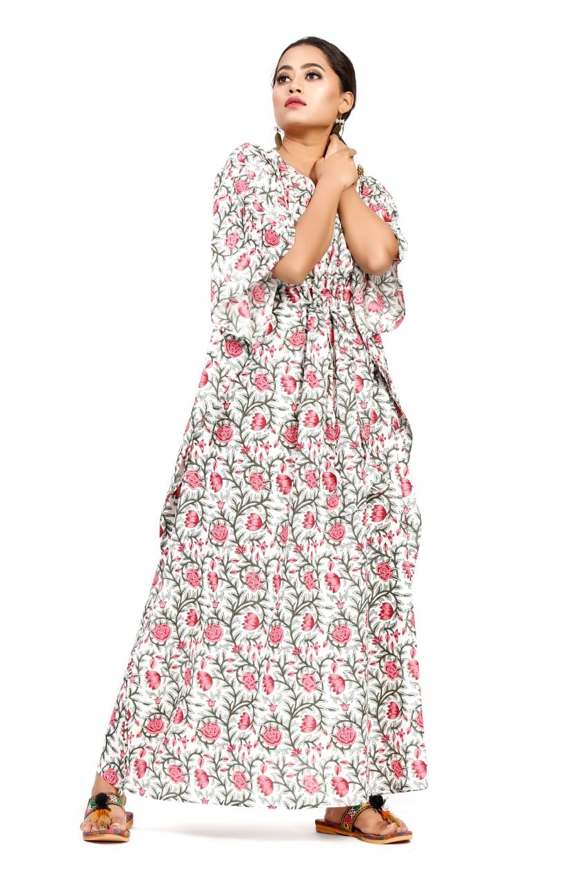MODI FACTORYJaipur Export Quality, Maxi Kaftan for Women,Pure Cotton Nighty, Loungewear Kaftan | Hand Block Printed Women Nighty | Free Size White