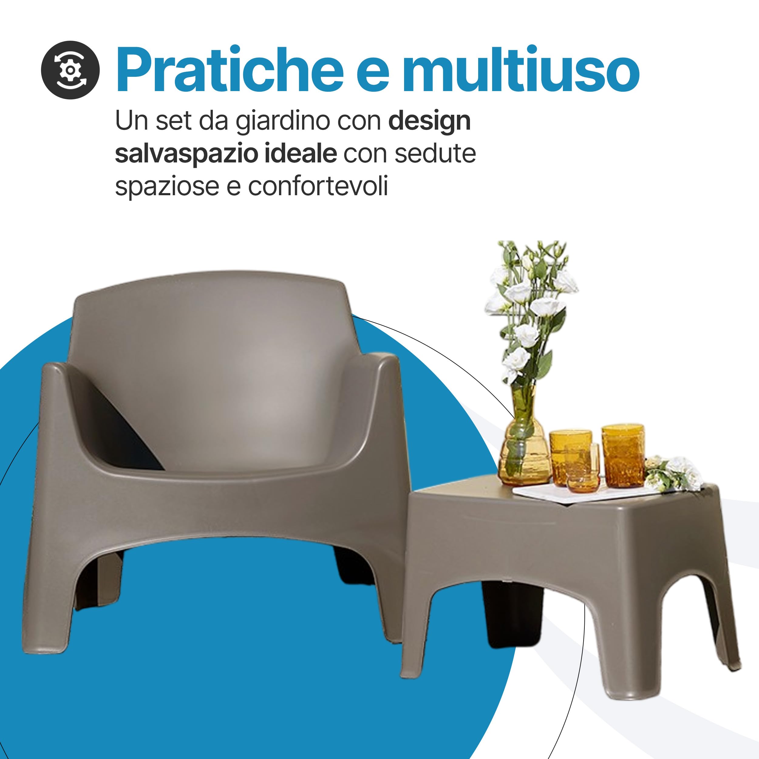 Tomaino - Salotto Da Giardino Ibiza- Set Da Giardino Esterno 2 Poltrone Impilabili Con Braccioli e Tavolino In Plastica - Salottino da Esterno Tortora