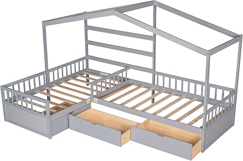 Miniatura 35 de MERITLINE Cama individual para niños, cama individual de madera para niños, cama Montessori con techo y ventana, cama de piso para niños pequeños,
