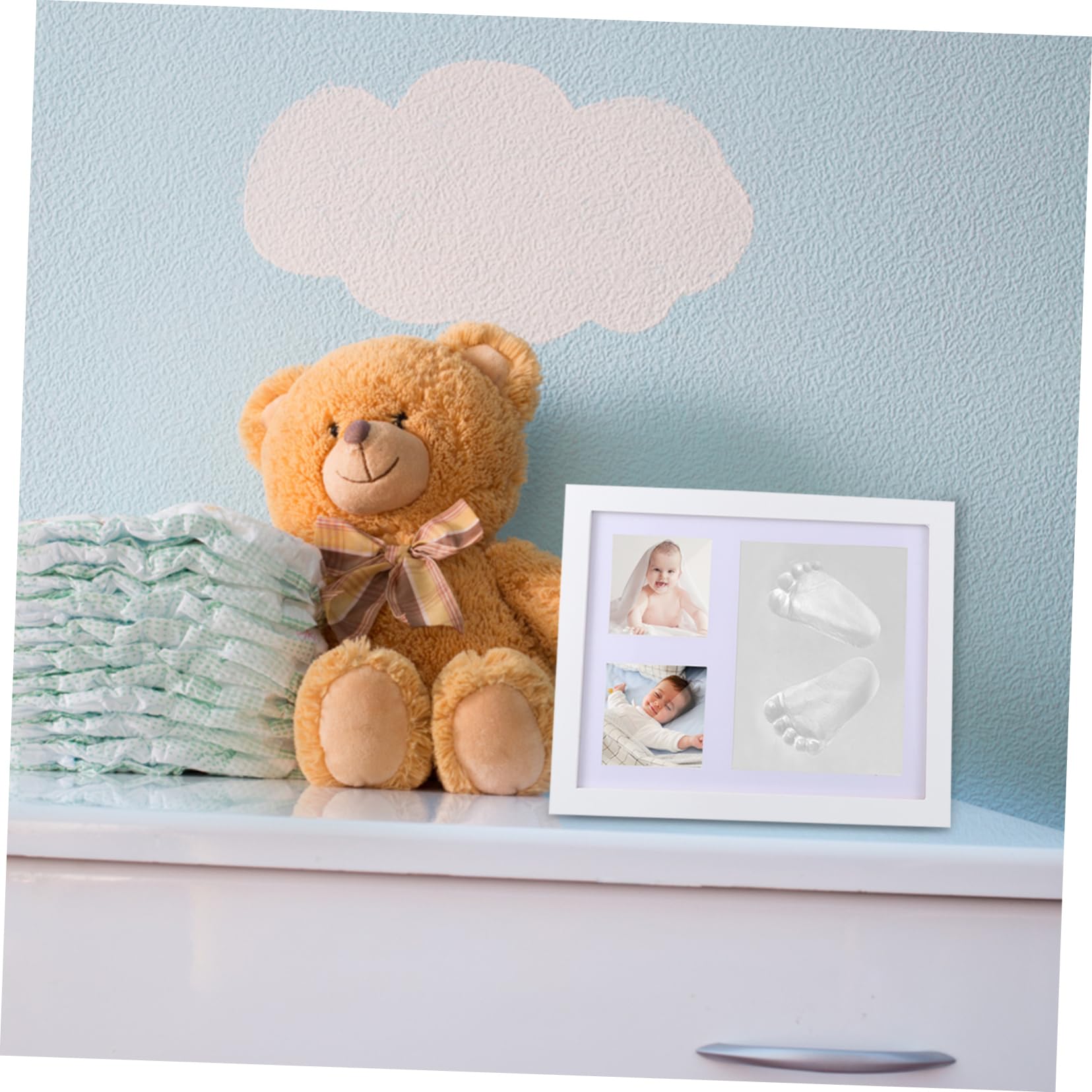 Kit Souvenir D'empreintes de Bébé, Cadre Photo Blanc en Bois et Argile