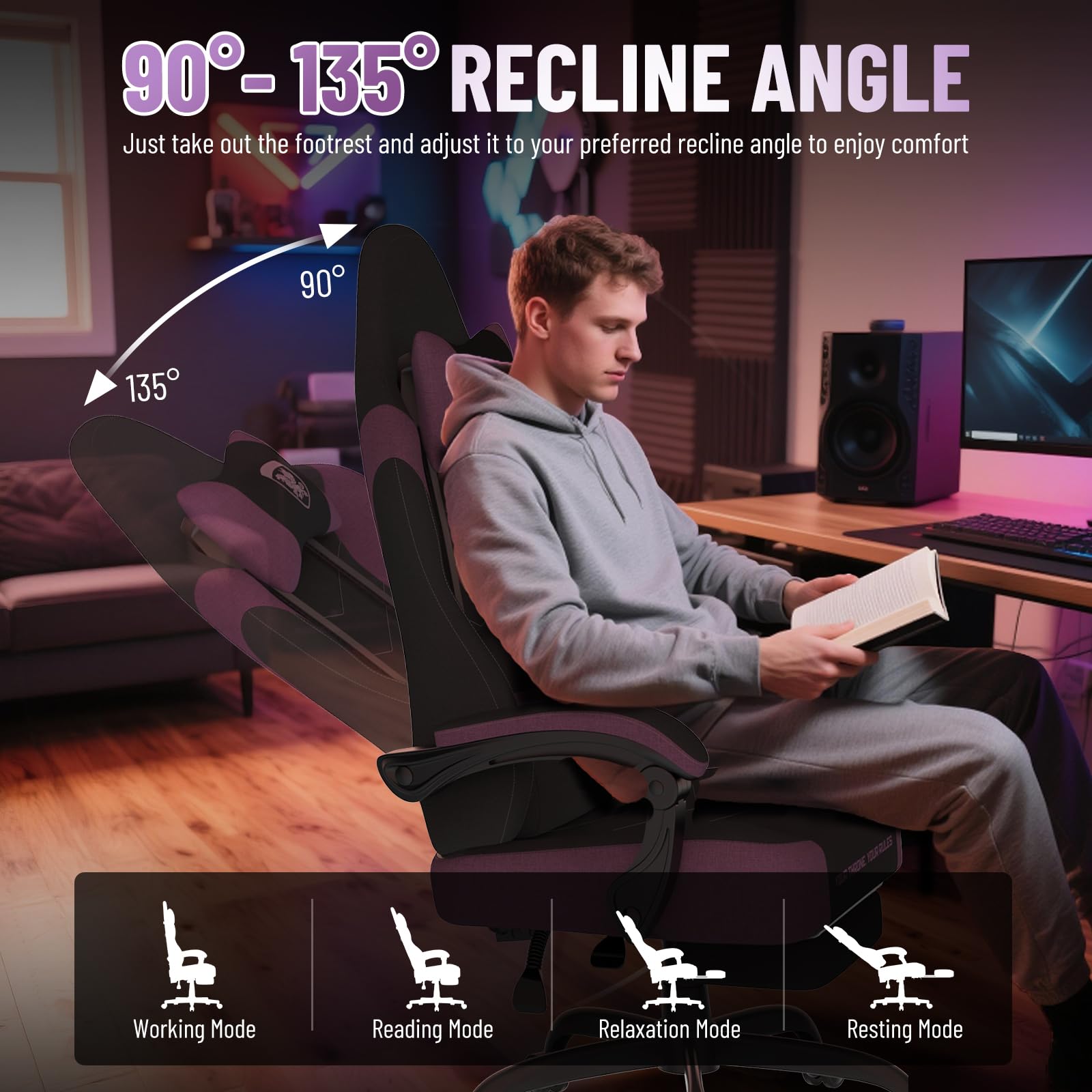 Ferghana Sedia da Gaming Ergonomica,Sedia Gaming in Tessuto Tecnologico,Sedia da Ufficio con Massaggio,Cuscino Primaverile,Poggiatesta,Braccioli, Ampio Sedile Piatto,Poltrona Ufficio,Nero-Viola