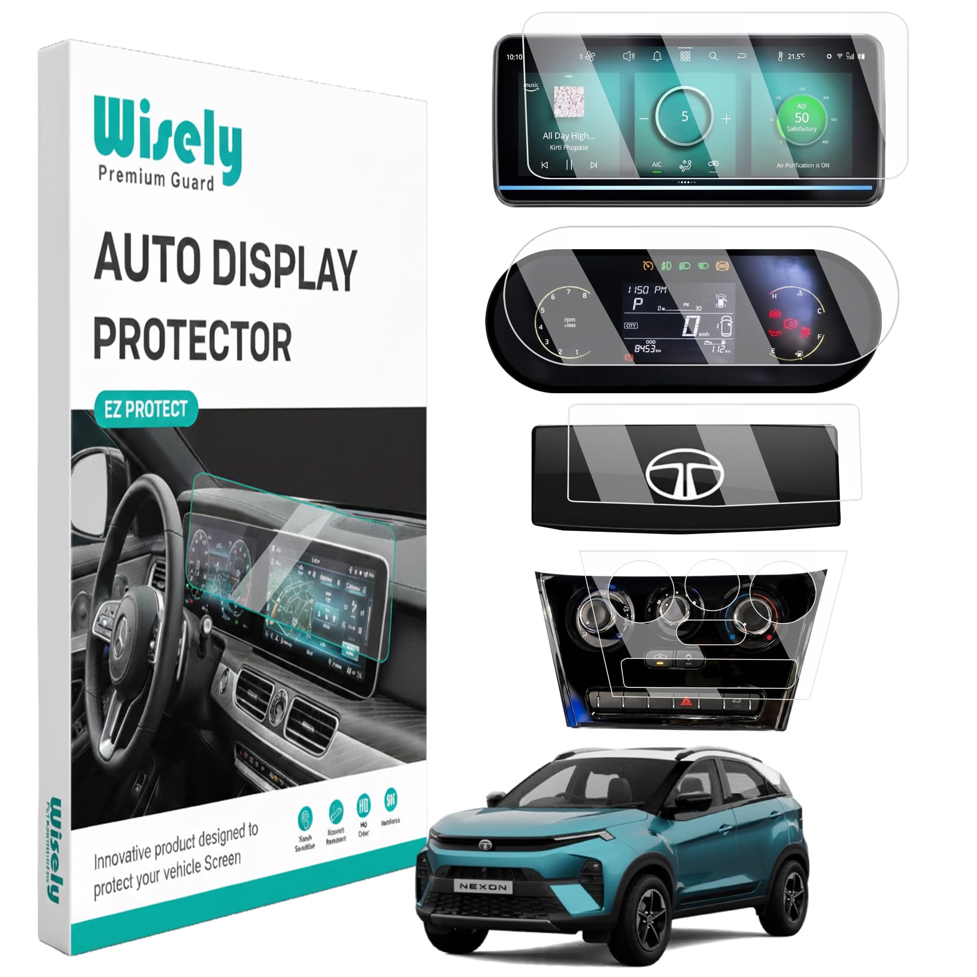 Wisely 4Pcs - Screen Guard for TATA NEXON (2026) Pure+/Pure+ S/Smart+S CNG Car Display Protector - 10.25" INFOTAINMENT (Round Corners) + 4” MID + STEERING + AC Panel (Manual Buttons) Console - Stereo Car Accessories-image-44