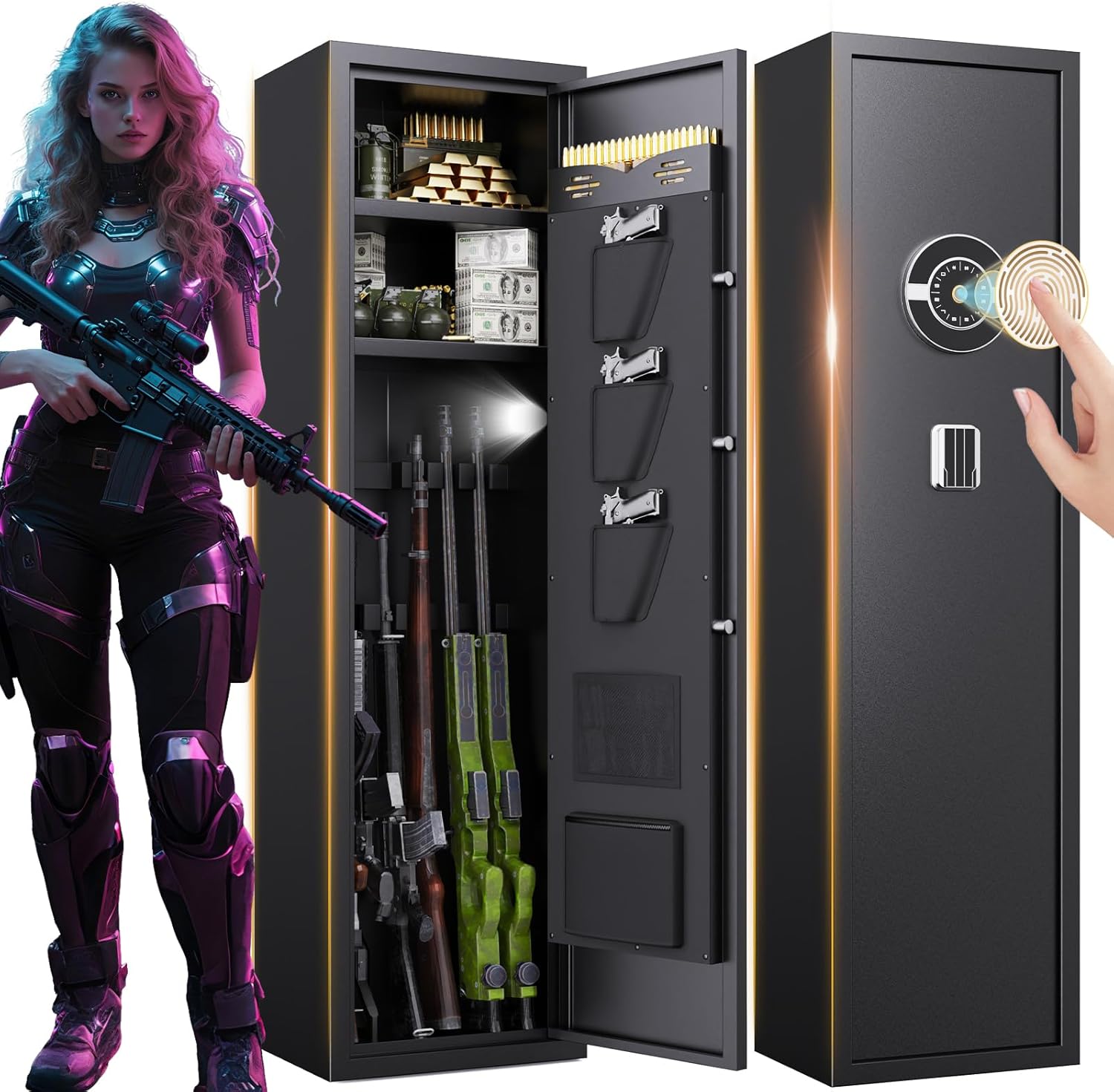 8-12 Gun Safe for Rifles and Pistols, No Assembly Required, Large Rifle Safes for Home, Fingerprint Gun Cabinet for Shotguns, Alarm System, Adjustable Rack, Safe Mode (57" H x 12" D x 14" W)