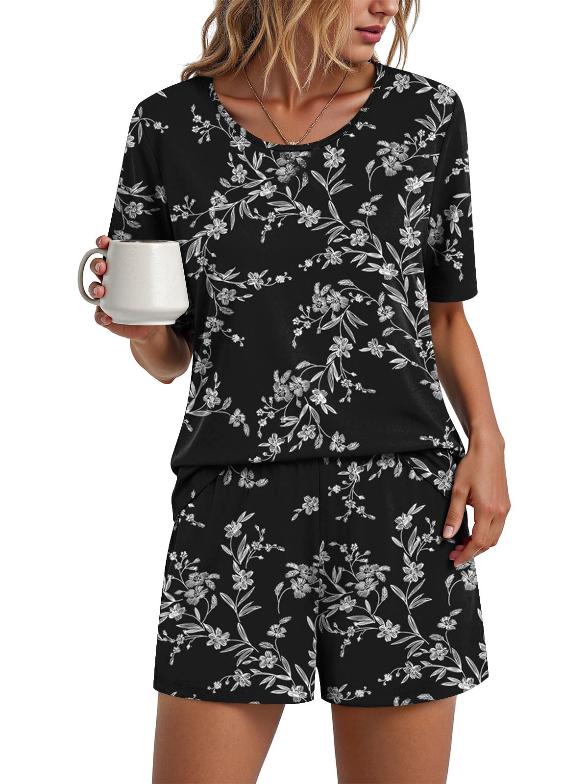 Findsweet Pajama Set for Women 2 Piece Lounge Set Soft Sleepwear Summer Casual Short Pjs Sets with Pockets M-3XL