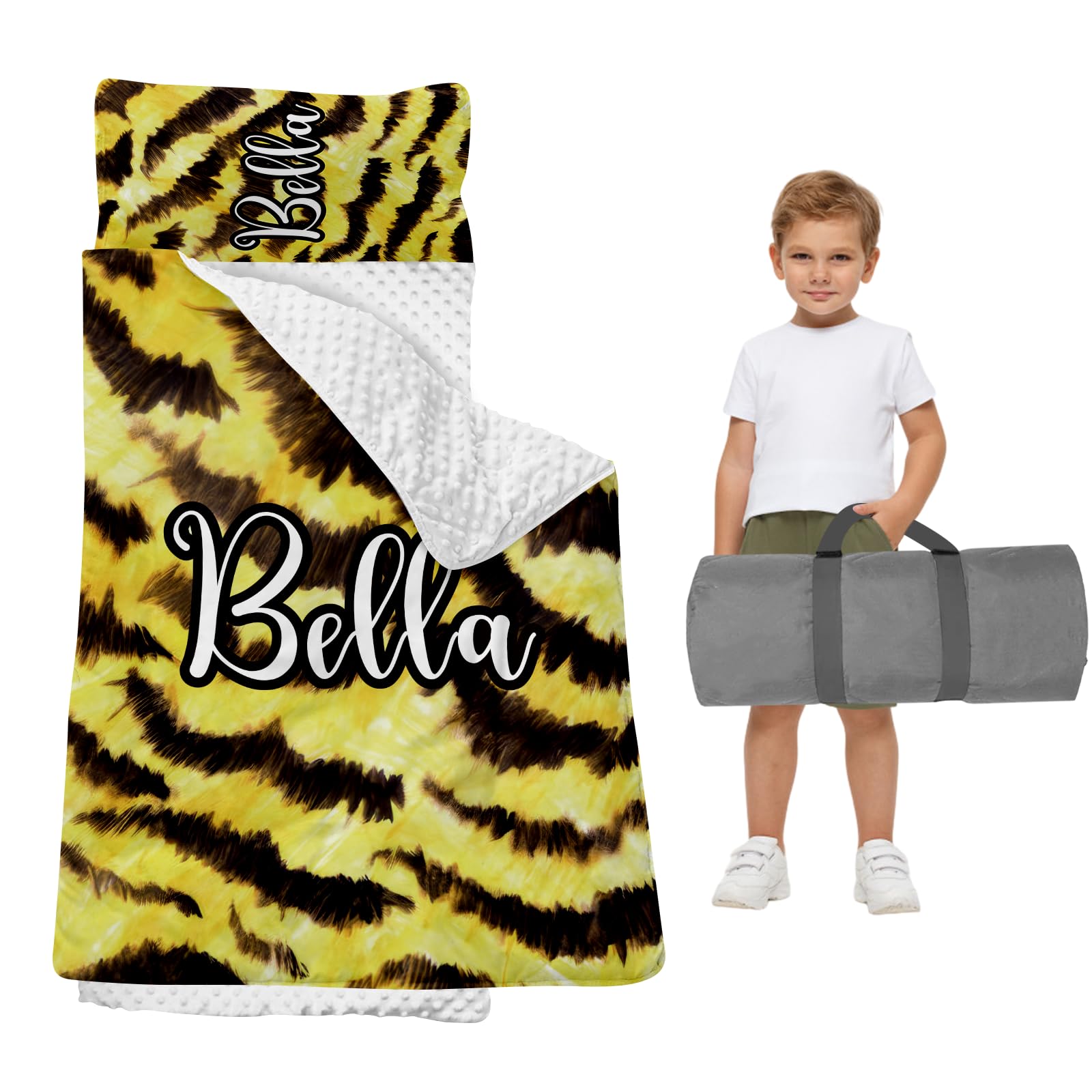Custom Name Nap Mat for Toddlers, Kids Sleeping Mat with Pillow and Blanket Set for School, Yellow Leopard Print Sleeping Bag with Handle for Daycare Boys and Girls