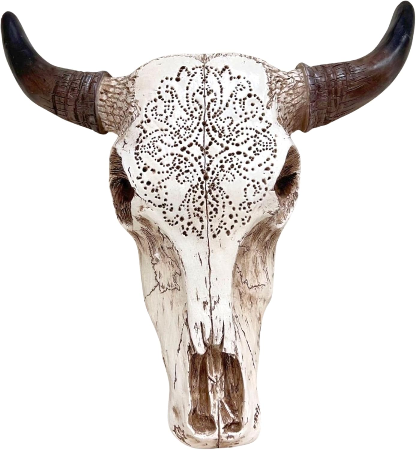 BestGiftEver Rustic Tribal Bull Head Wall Art - Tooled White Bull Skull Wall Art - Native American Inspired Western Decor - Western Carved Skull Sculpture for Lodge Decor