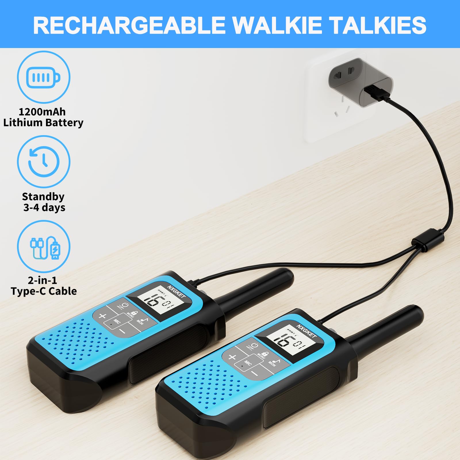 Walkie Talkie per Adulti Bambini, NXGKET Walky Talky Ricaricabile, Lungo Raggio Radio a 16 Canali con Batteria Agli ioni di Litio, Cavo USB-C, VOX per Campeggio e Escursionismo, Set da 2 Pezzi