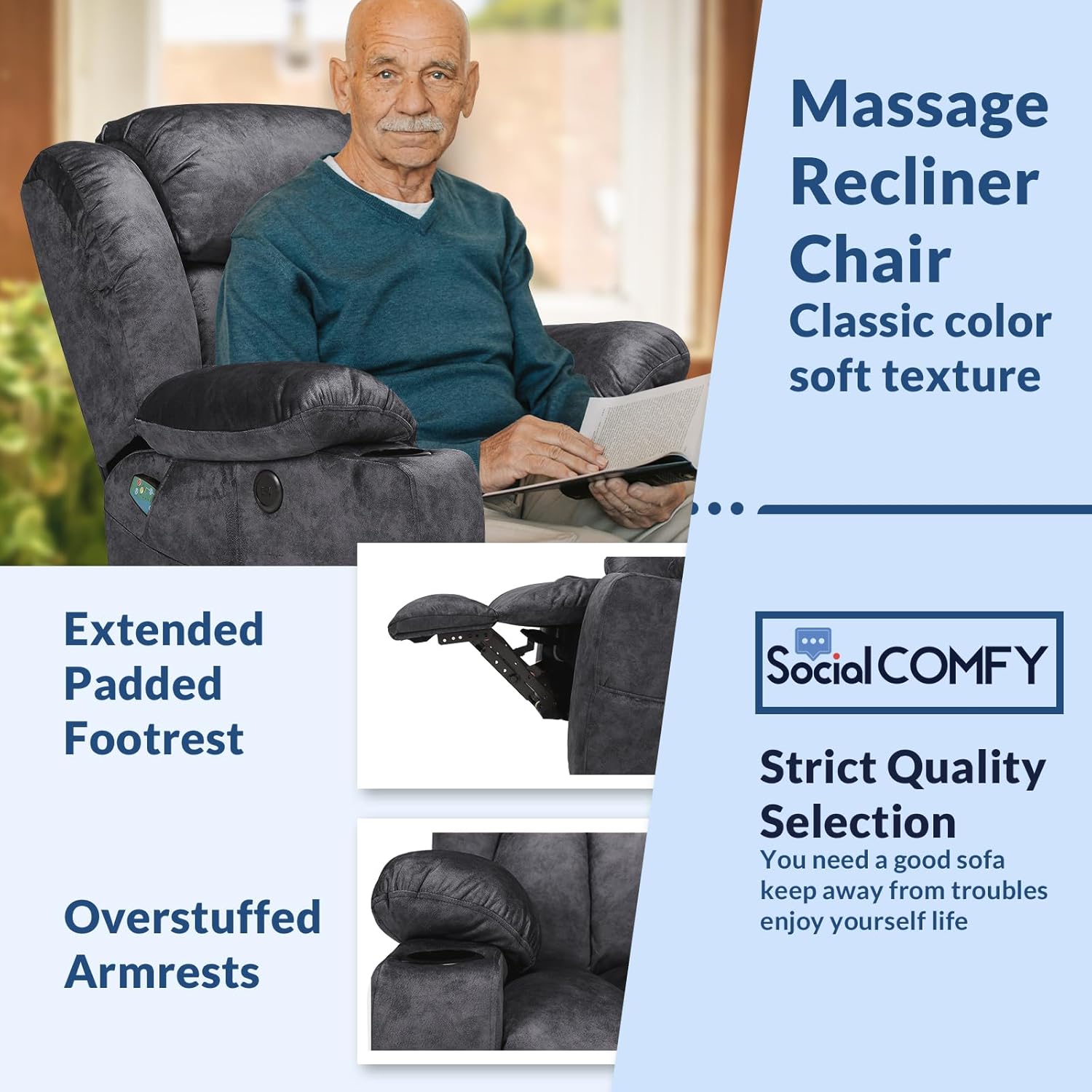 Manual Swivel Glider Rocker Recliner Chair with Heated Massage, 360° Swivel Overstuffed Lounge Chair with 2 Cup Holders, Side Pockets & USB Ports for Living Room, Fabric Gray