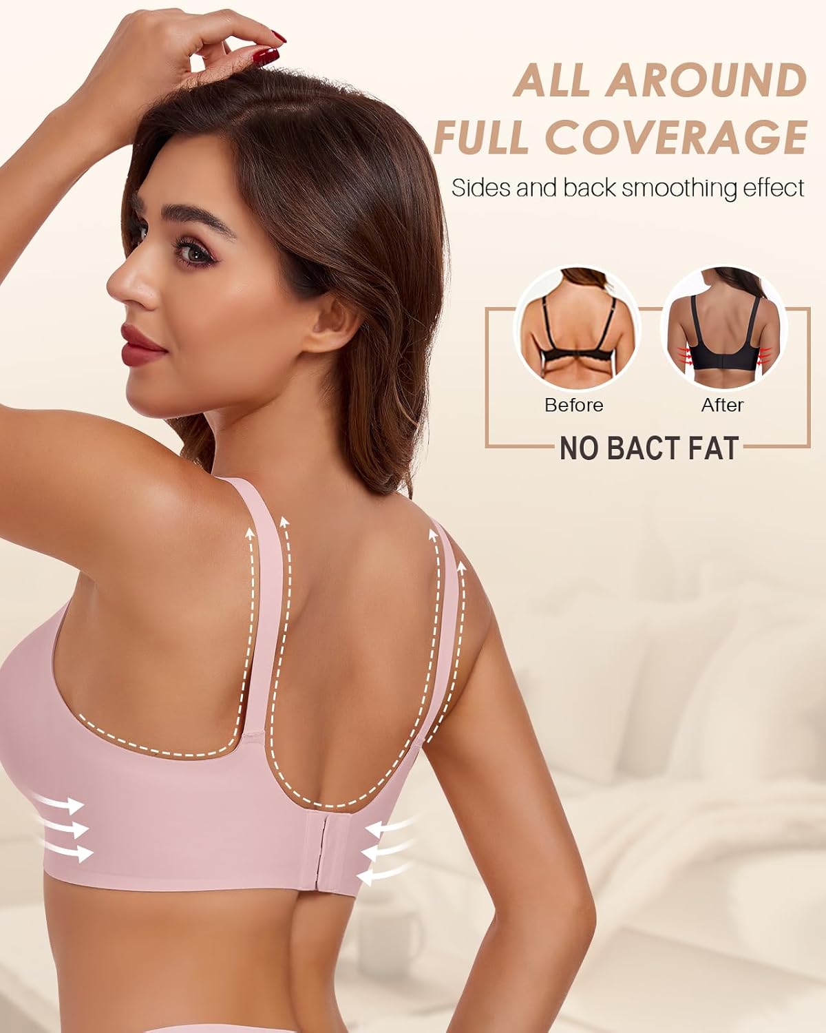 Comfortable Wirelss Seamless Push Up Padded V Neck Bra No Underwire with Support Full Coverage Back Fat Smoothing Bra Pink - Image 4