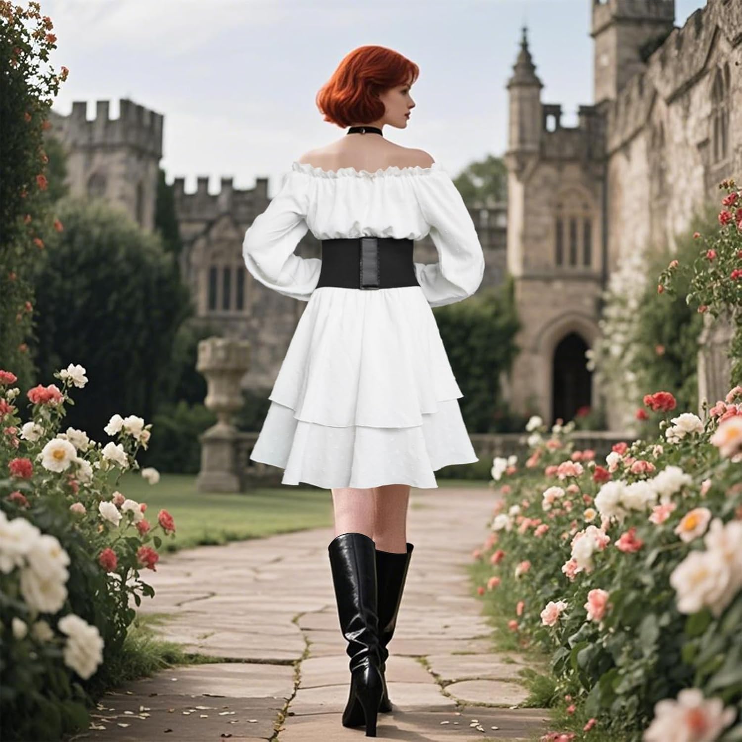 Women Pirate Costume Dress with Corset Set - Off Shoulder Long Sleeve, Renaissance Outfit with Bandana - Image 3