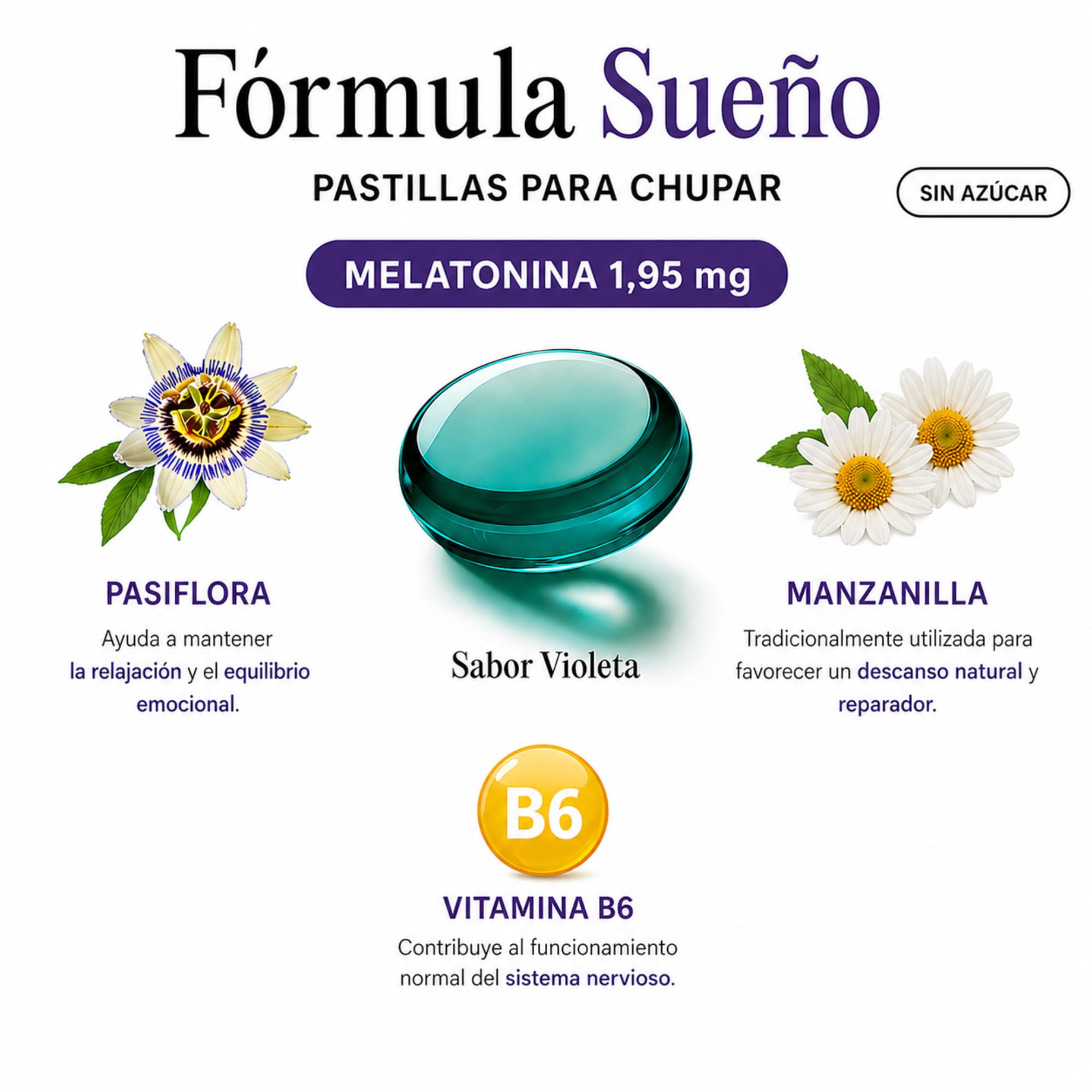 Fórmula Sueño con Melatonina 1,95 Gr, Pasiflora y Manzanilla sin Azúcar Sabor Violeta Descanso Natural y Bienestar Nocturno 32 Pastillas