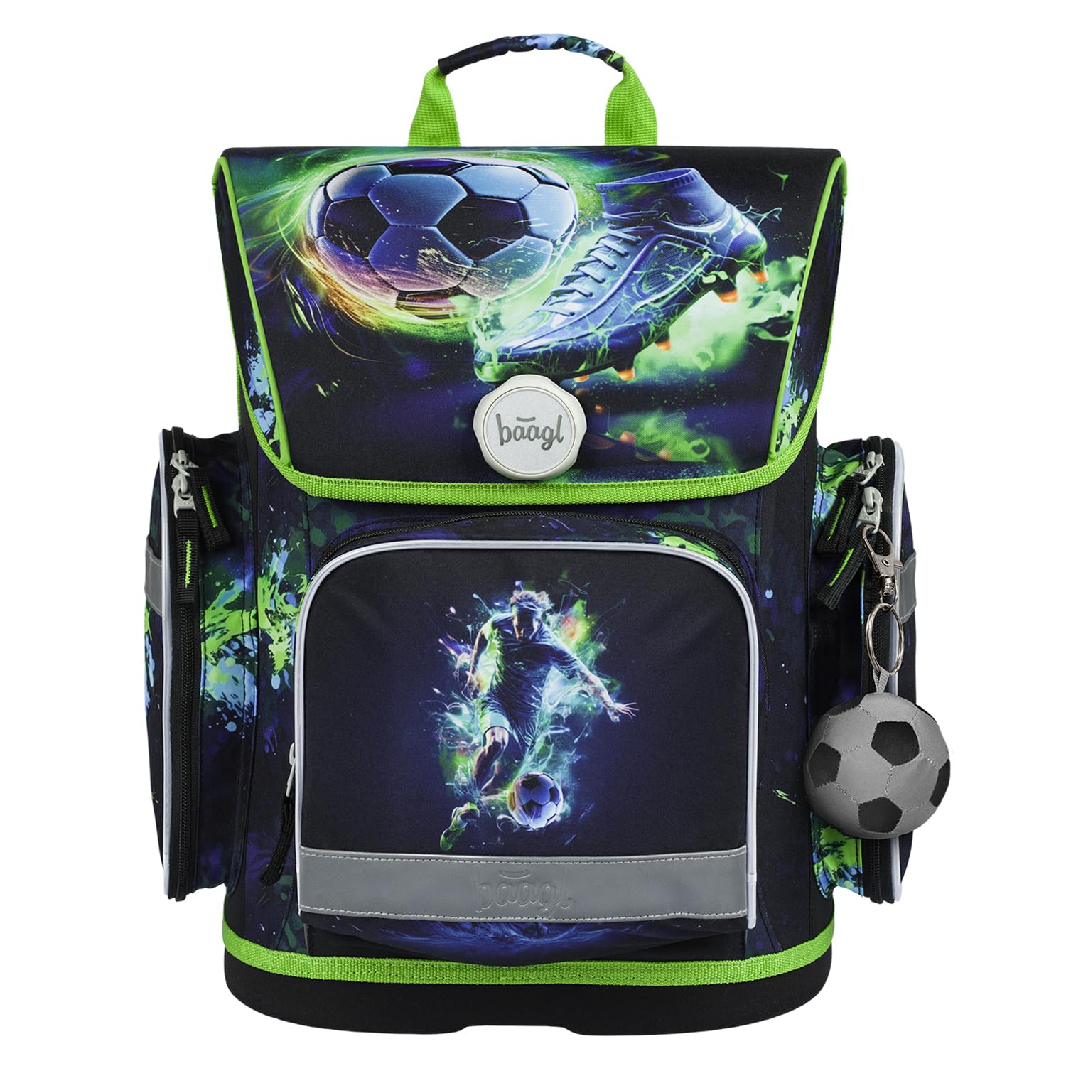 Baagl Schulranzen Jungen Set 5 Teilig (Ergo Schultasche für 1. Klasse, Mäppchen, Turnbeutel, Schürze, Brustbeutel), Grundschule Ranzen, Ergonomischer Schulrucksack, 19 l (Football Player)