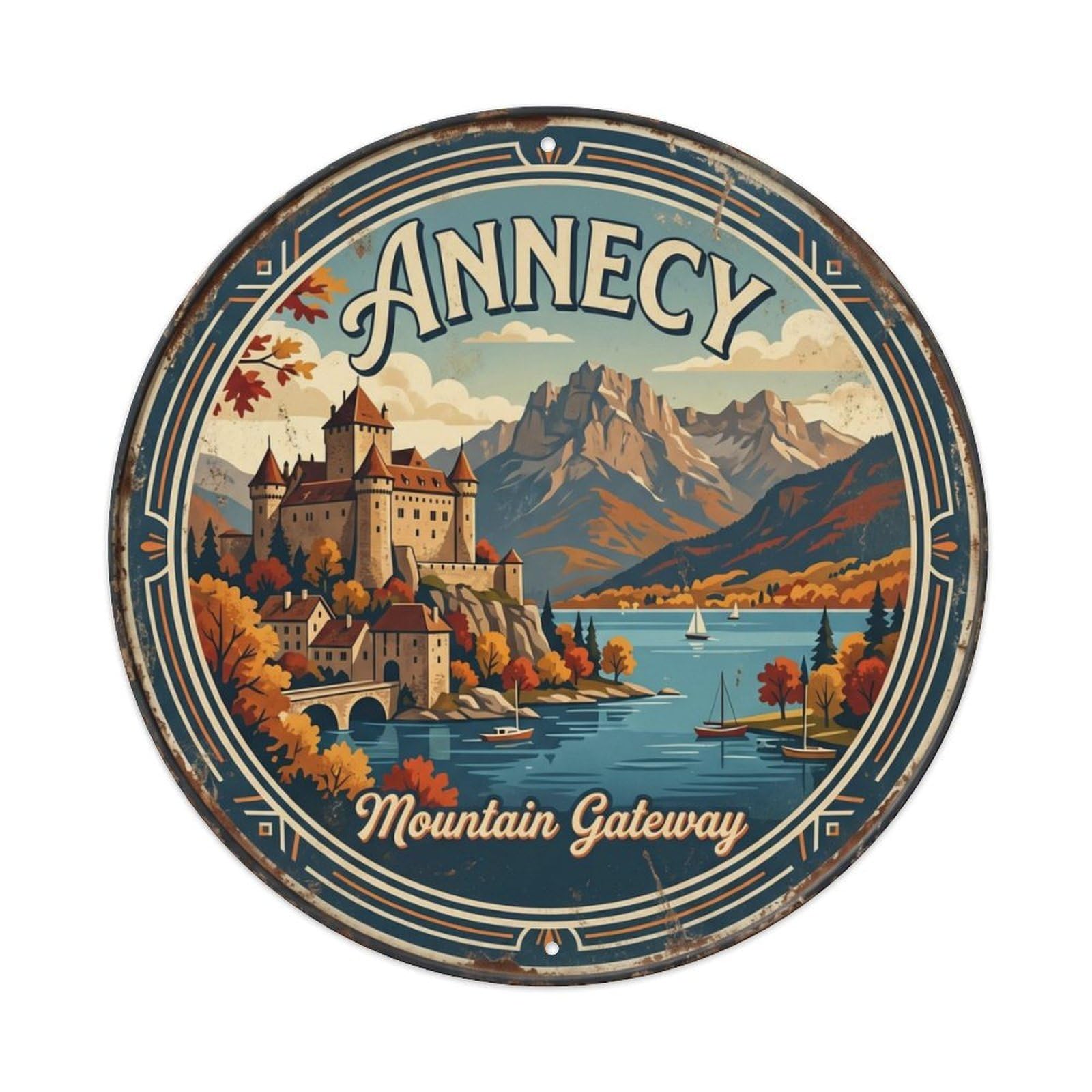 Fqcyn Style Vintage Travel Annecy France Castle Metal Tin Sign Plaque Wall Decor For Cafe, Club Bar, Office, Home Garden Round Metal Poster 8X8inch