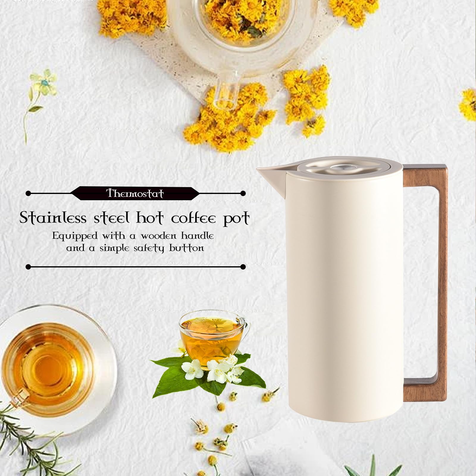 Pichet Isotherme Thermos, Carafe à Café Thermique Acier Inoxydable, Avec Poignée En Bois Et Bouton-poussoir De Sécurité Simple, Pour La Maison, L'hôtel, Le Bureau (Beige,1L)