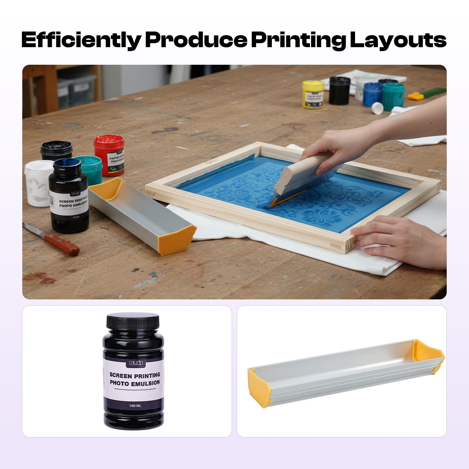 Caydo Kit di stampa serigrafica all-in-one da 54 pezzi con luce LED UV da 100 W, cornici per serigrafia in legno di 3 dimensioni, inchiostro per serigrafia a 6 colori, emulsione fotografica per