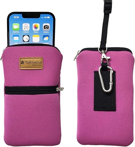Tainada Women Cell Phone Neoprene Shockproof Zipper Sleeve Case Bag Pouch w/Carabiner, Neck Lanyard, Belt Loop Holster for iPhone 17/16 Pro Max, Air, 16 Plus, 16e ; Samsung S25, S24, Z Fold7 (Pink)