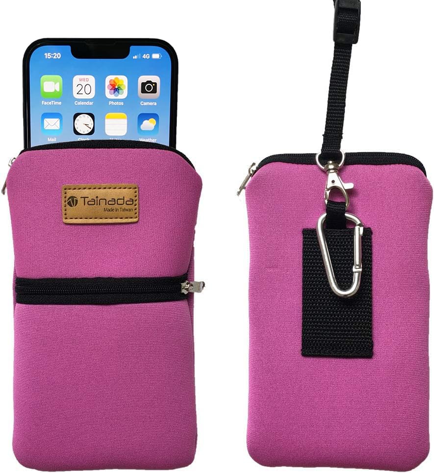 Image of Tainada Women Cell Phone Neoprene Shockproof Zipper Sleeve Case Bag Pouch w /Carabiner, Neck Lanyard, Belt Loop Holster for iPhone 17 /16 Pro Max, Air, 16 Plus, 16e ; Samsung S25, S24, Z Fold7 (Pink)