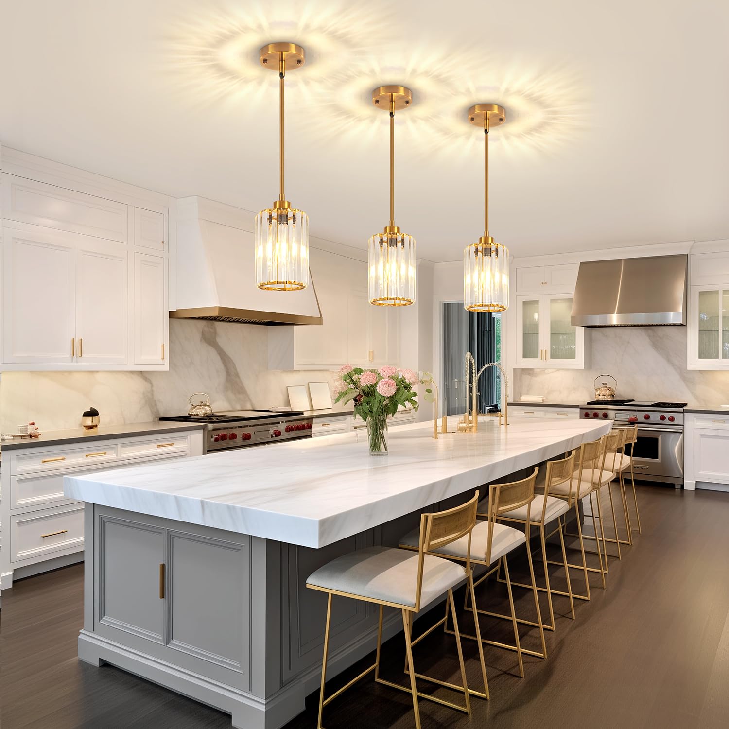 Paquete de 2 luces colgantes para isla de cocina, moderna iluminación colgante de cristal dorado, accesorios de iluminación colgante de cocina, mini lámpara colgante para isla, comedor 3
