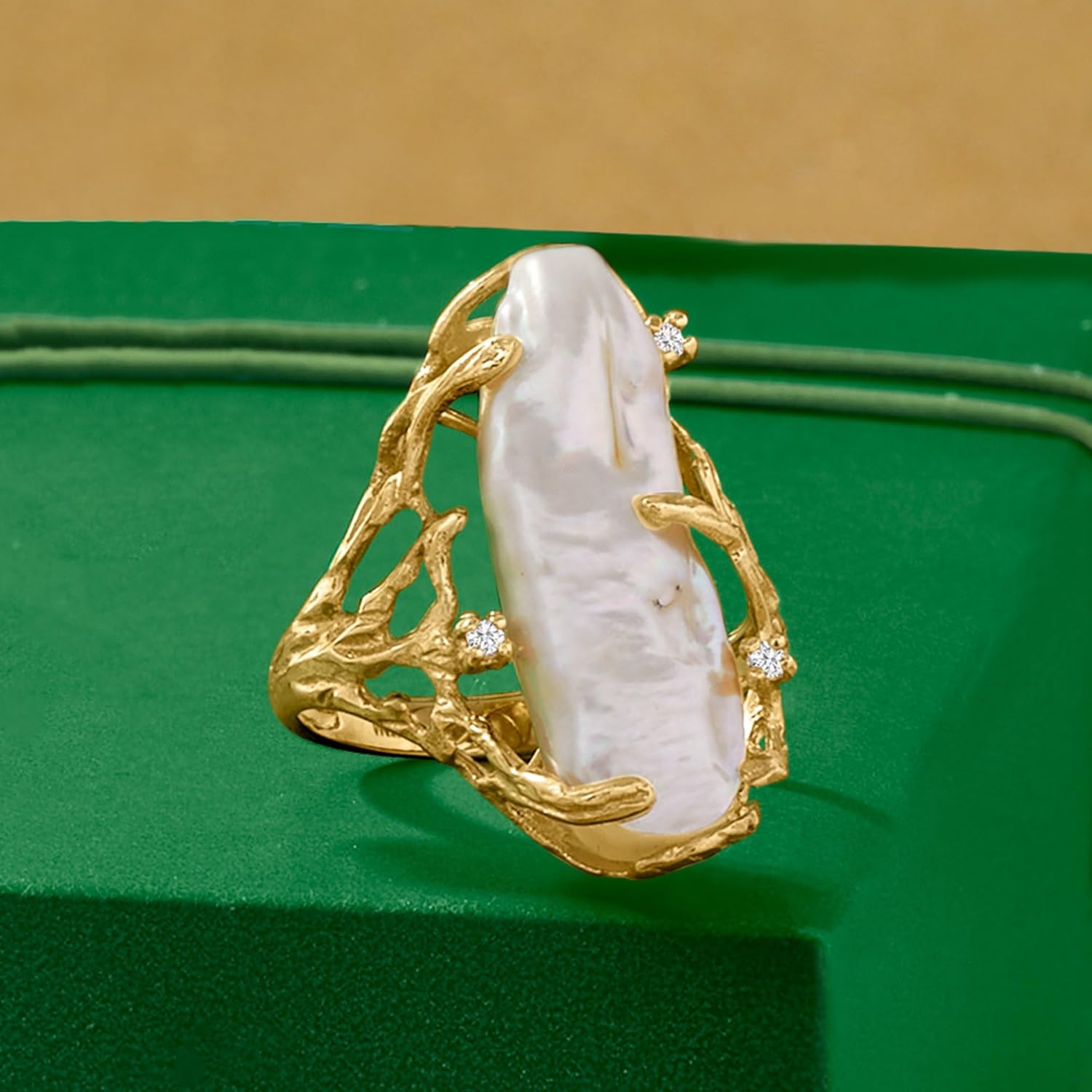 Ross-Simons 24x10mm Cultured Baroque Pearl Ring With Diamonds in 14kt Yellow Gold