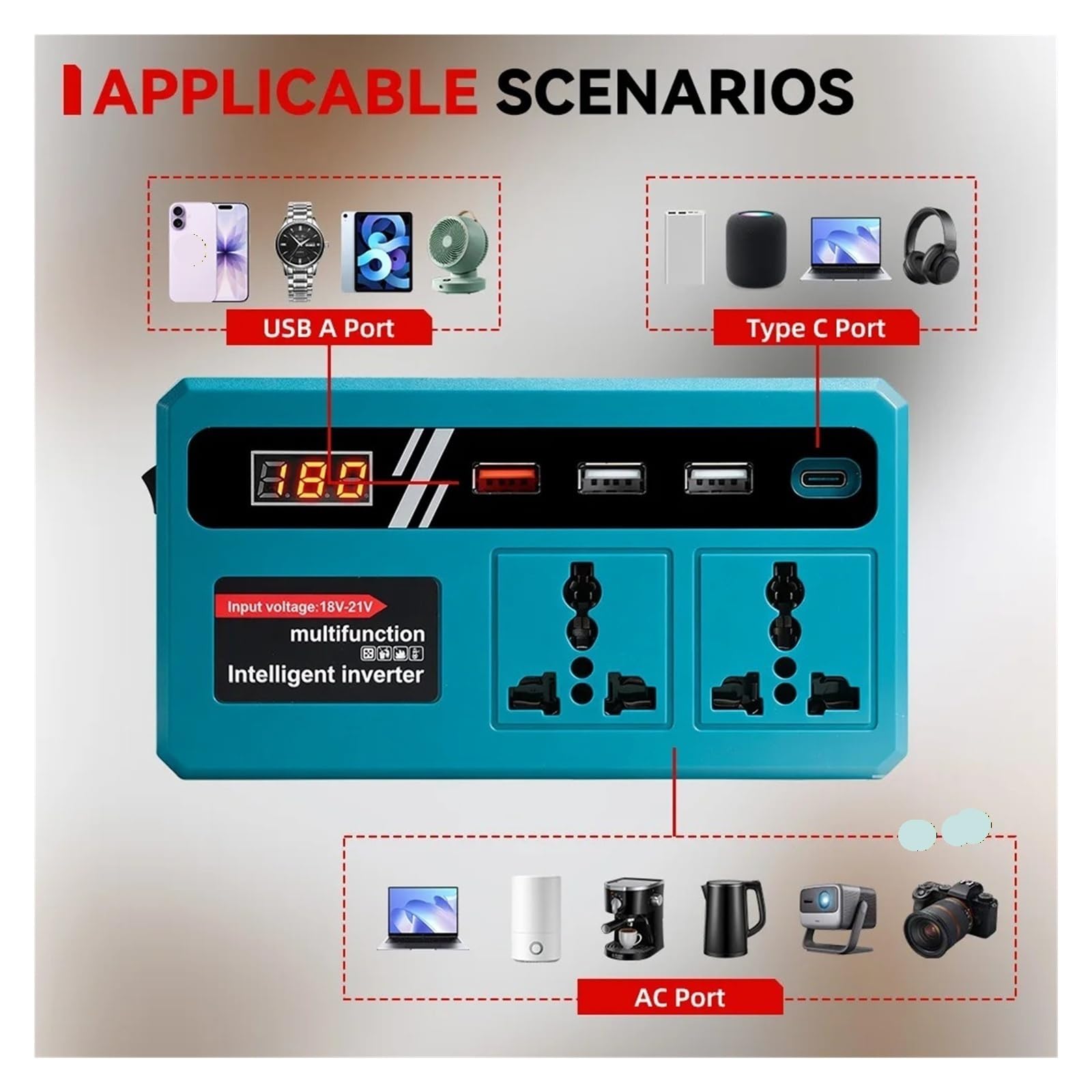 Convertidor Adaptador Inversor Corriente 300W DC 18V-21V A AC 220V Batería Litio Puerto Carga USB Dual para 18V Pin inversor