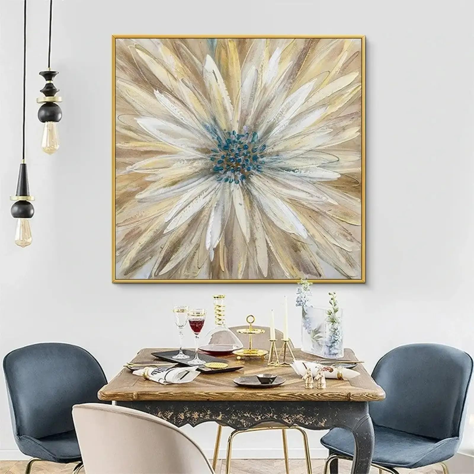 Peinture abstraite dorée avec fleurs blanches pour salon 80x80