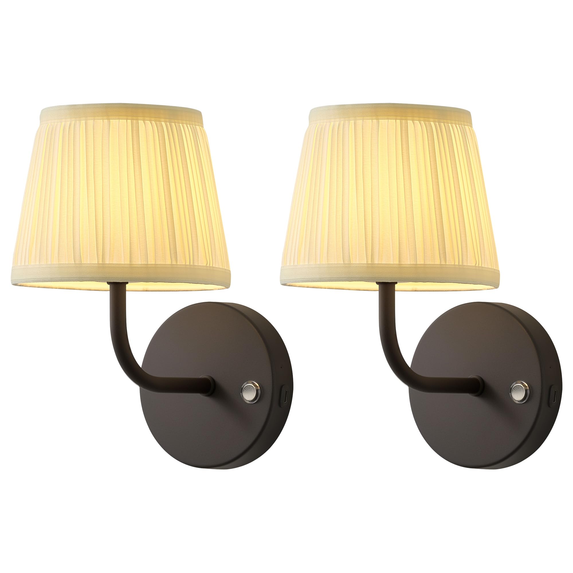 Newsee Black + Beige Fabric Lampshade (2 Pack) Battery Operated Wireless Wall Sconce Set Of 2, Rechargeable 5200Mah Dimmable Wall Lights Fixtures With Remote Control, Cordless Wall Lamps For Indoor, Living Room, Bedroom, Hallway(Black)