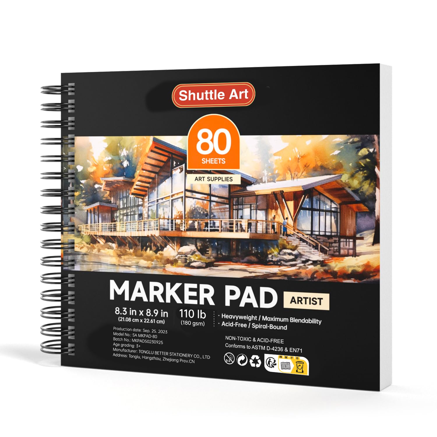 Shuttle Art Marker Paper Pad, 8.3”x8.9” Portable Square Sketchbook, 80 Sheets Marker Drawing Paper, 120LB/200GSM Bleedproof Art Paper, Spiral-Bound, Great for Professional Artist to Draw & Sketch