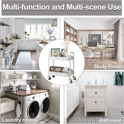 Miniatura 6 de Melody House Carrito de almacenamiento de 2 niveles totalmente metálico, carrito de almacenamiento con asa y ruedas de bloqueo, carrito de cocina,