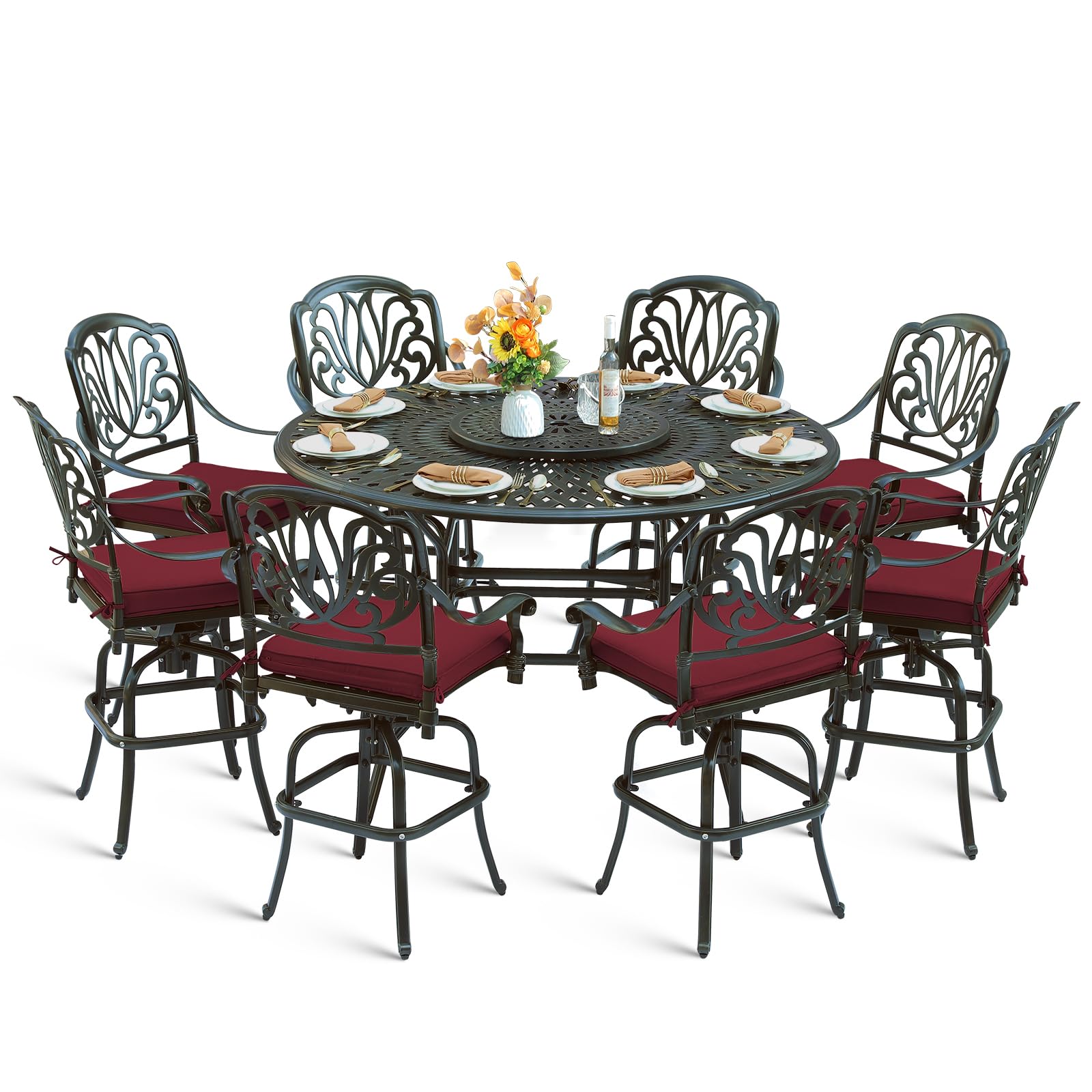 MEETWARM 10-Piece Outdoor Bar Set, All Weather Cast Aluminum Patio Bar Furniture with 8 Cushioned Swivel Bar Stools, Large 61" Round Patio Bar Height Table with Detachable Lazy Susan, Umbrella Hole