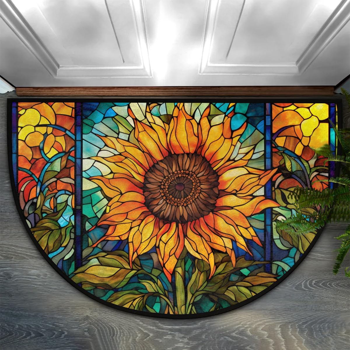 Indoor Doormat Sunflower Glass Painting Half Round Door Mat, Non-Slip Absorbent Entrance Welcome Mat, Front Porch Decor Mats Low-Profile Entryway Doormat Kitchen Fireplace Floor Mat,A-9