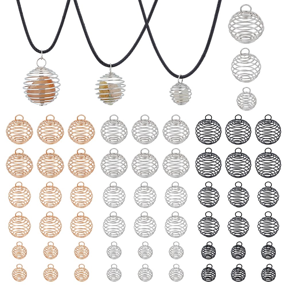 PH PandaHall 54 Pcs 3 Colors Spiral Bead Cage Pendants 3 Sizes Crystal Holder with Hoop Stone Holder Necklace Cage Pendants Findings for Jewellery Making DIY Birthdays Halloween Christmas